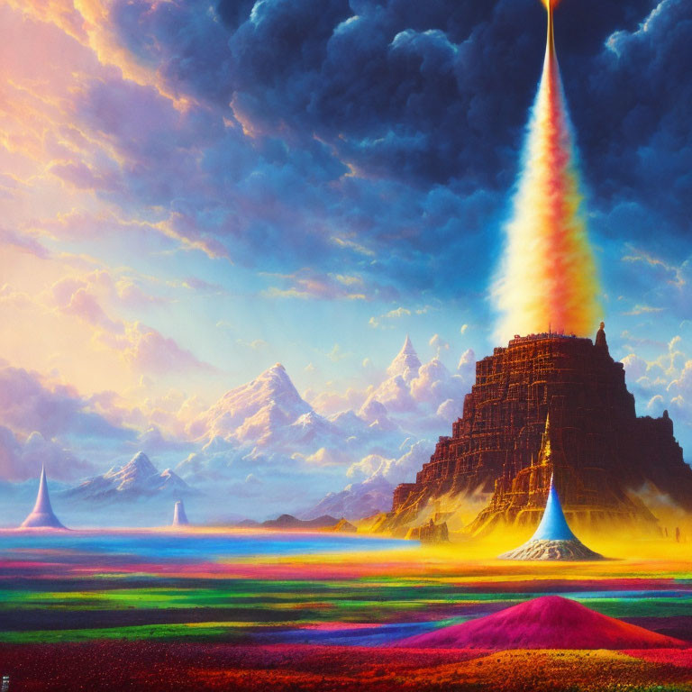 Vibrant landscape with rainbow beam, pyramid, fields, mountains, surreal sky