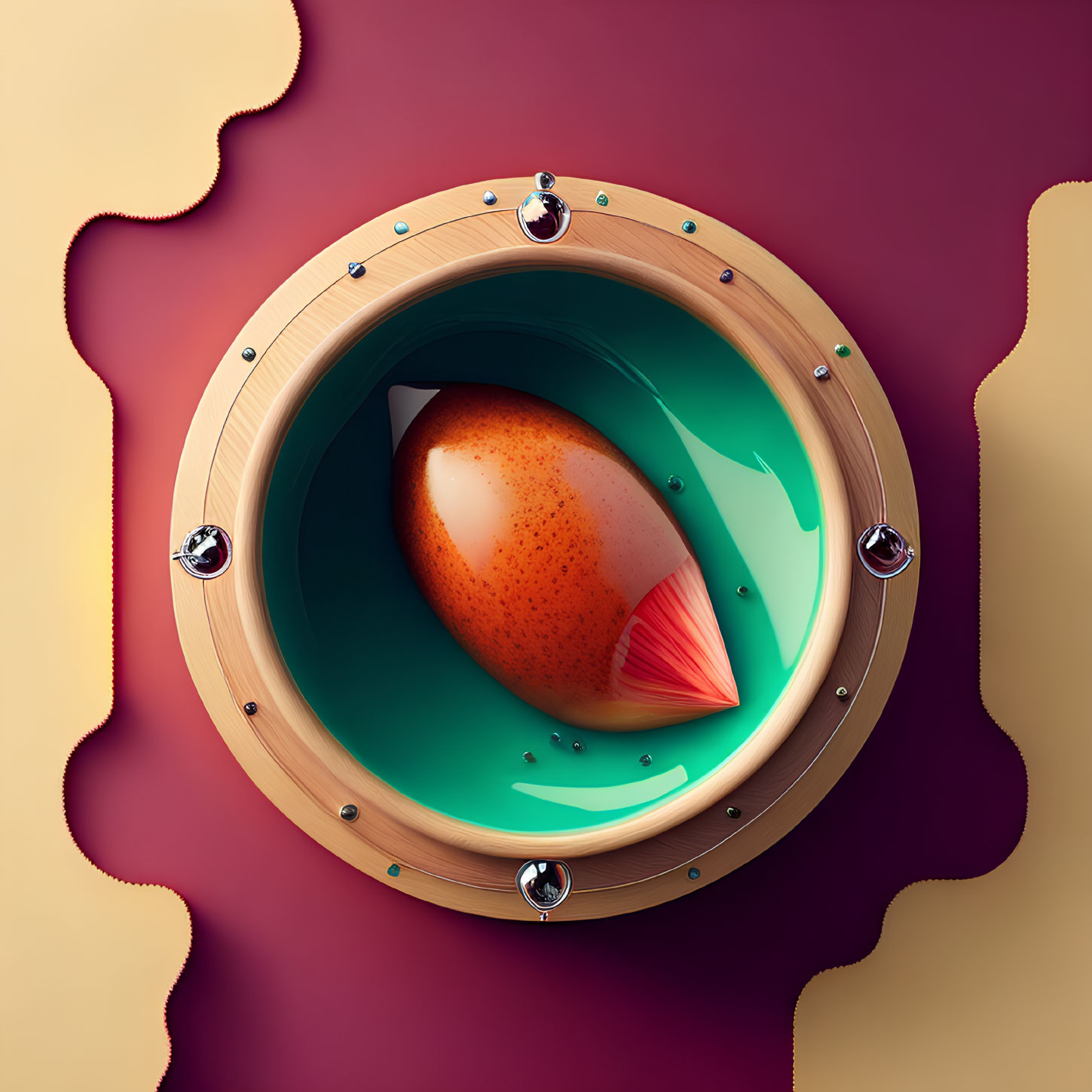Surreal wooden porthole with fish tail on dual-tone background