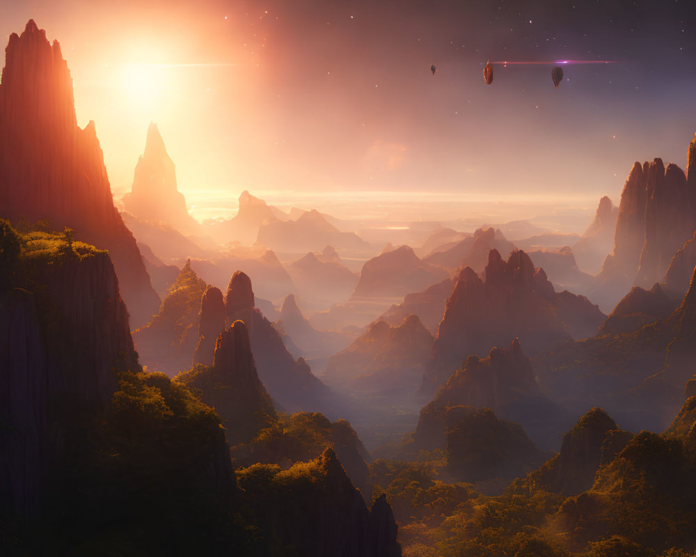 Majestic sunrise over rugged alien landscape with mountains and hot air balloons
