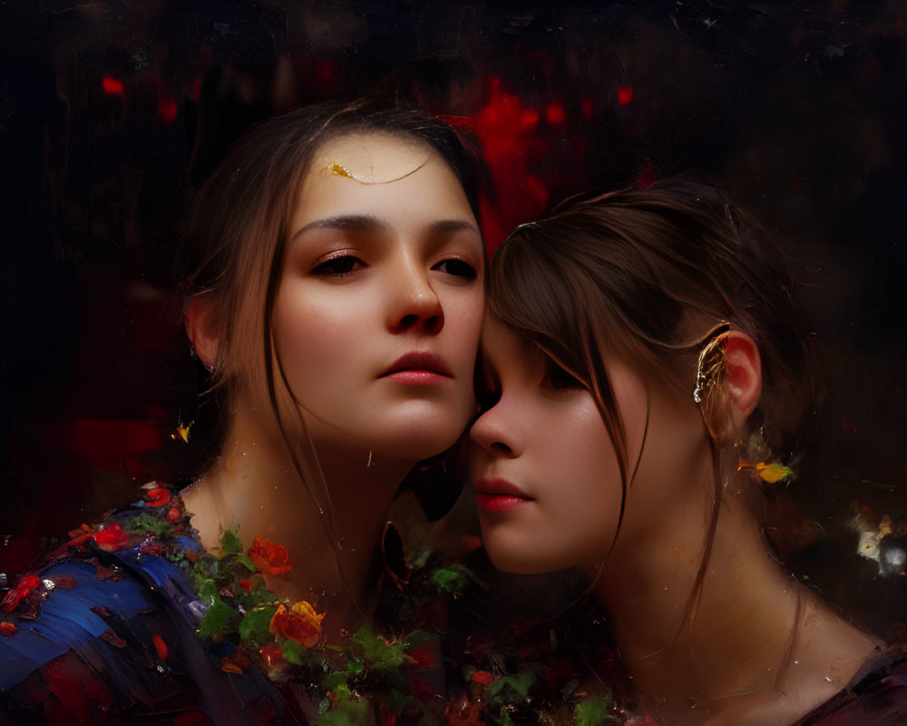 Two serene women in dark, colorful setting with scattered petals.