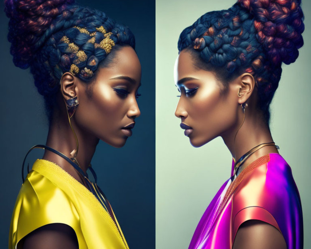 Intricate braided updo with gold accessories, yellow and purple outfits in dual profile shot