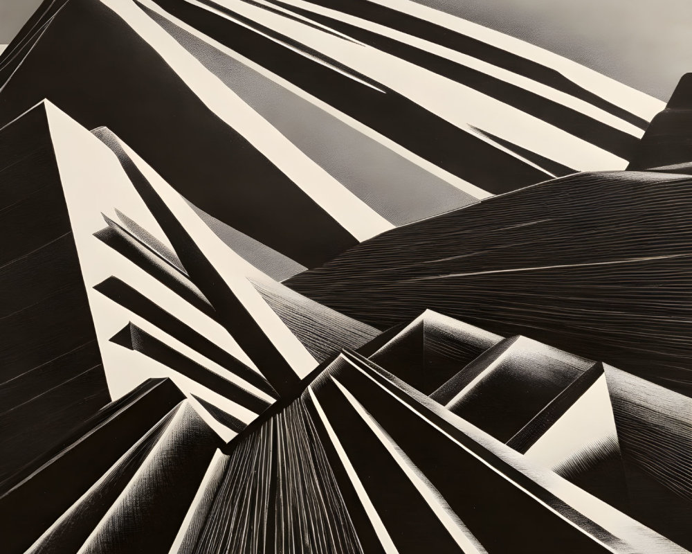 Monochrome abstract art with geometric patterns and converging lines.