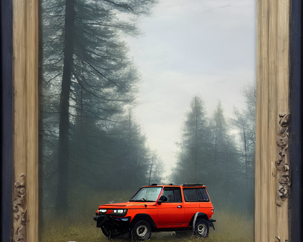 Vintage Framed Painting: Red SUV in Misty Forest with Four Dogs