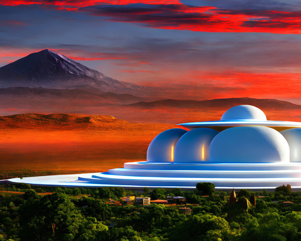 Futuristic domed structure in lush oasis with red sky and towering mountain