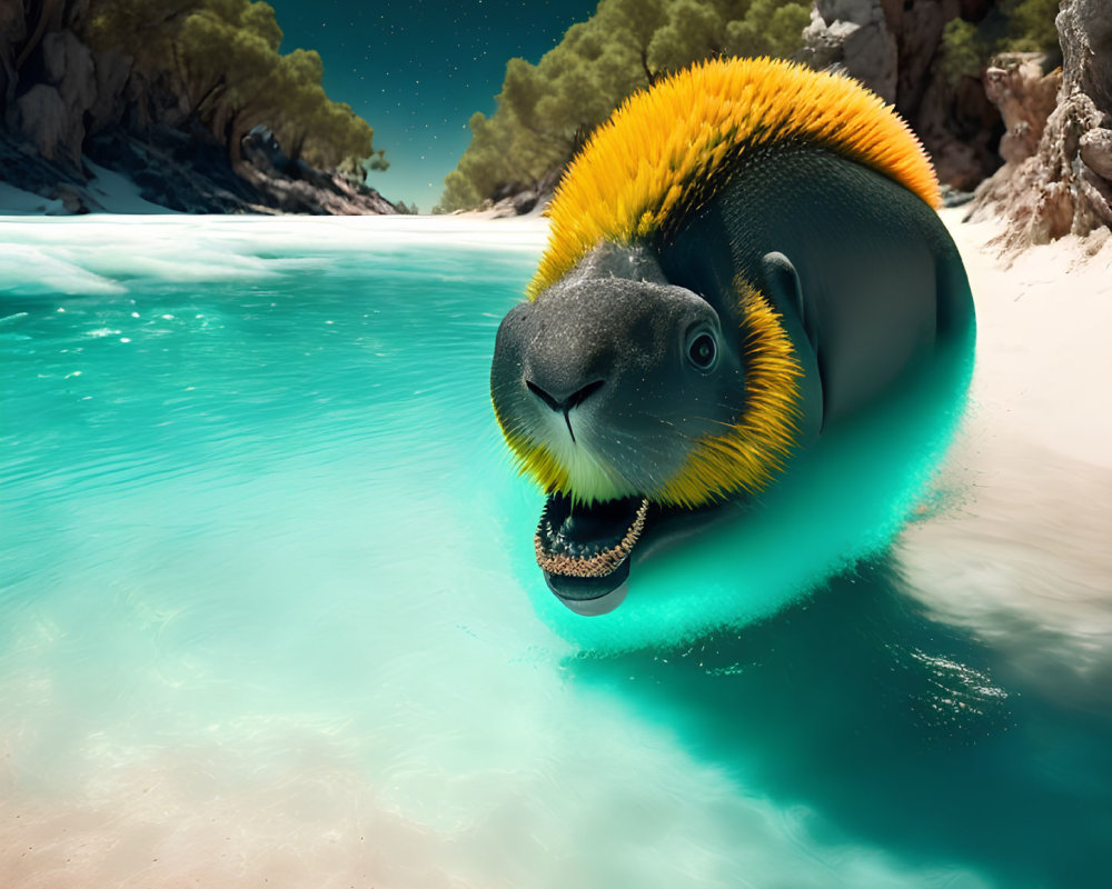 Surreal creature with seal body and parrot head on tropical beach