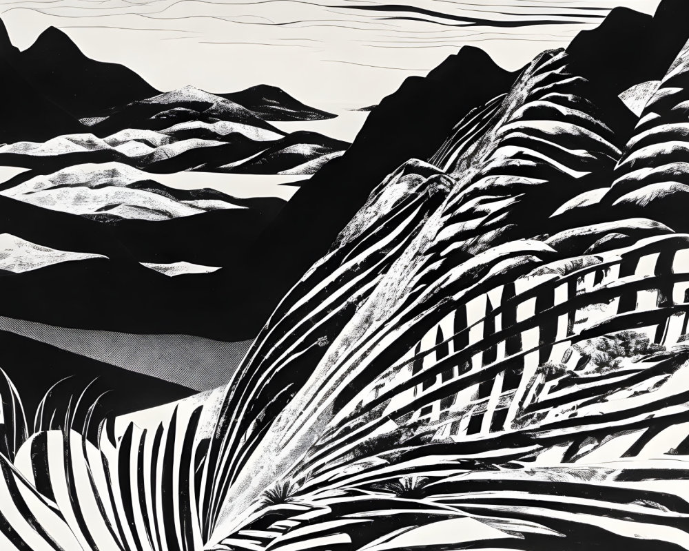 Stylized monochrome landscape with mountains, clouds, and palm leaf.
