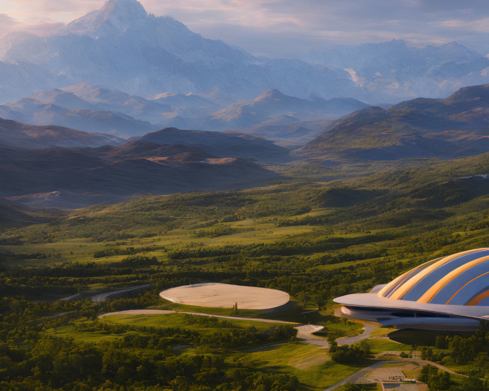 Futuristic dome in lush valley with river & mountains at sunset