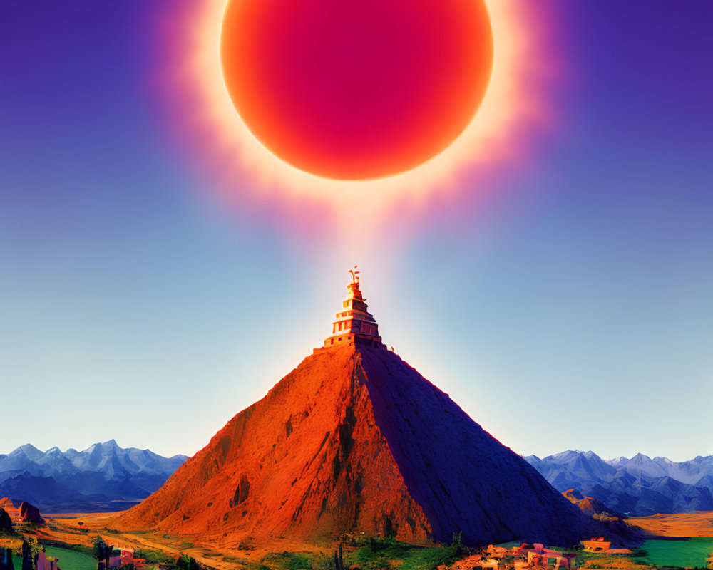 Surreal landscape with oversized sun, conical mountain, pagoda, and buildings