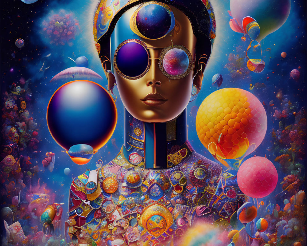 Colorful cosmic portrait with central figure and celestial bodies in rich colors and intricate patterns.