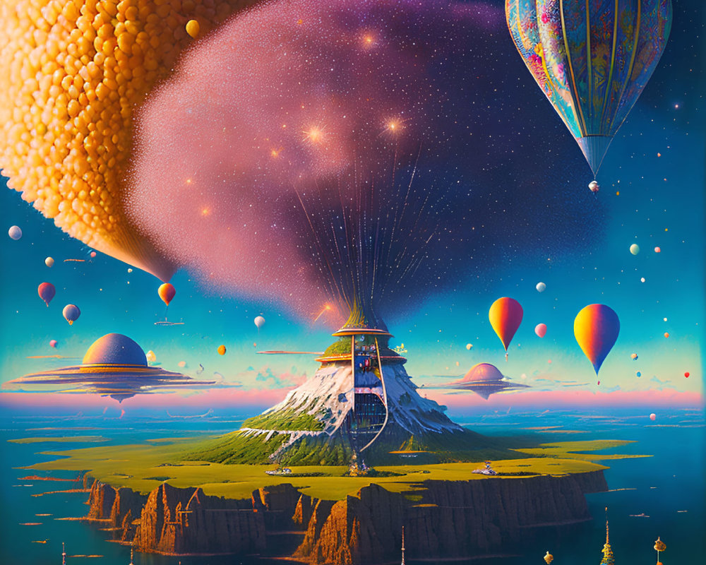 Colorful fantasy landscape with floating island, hot air balloons, and mountain structure.
