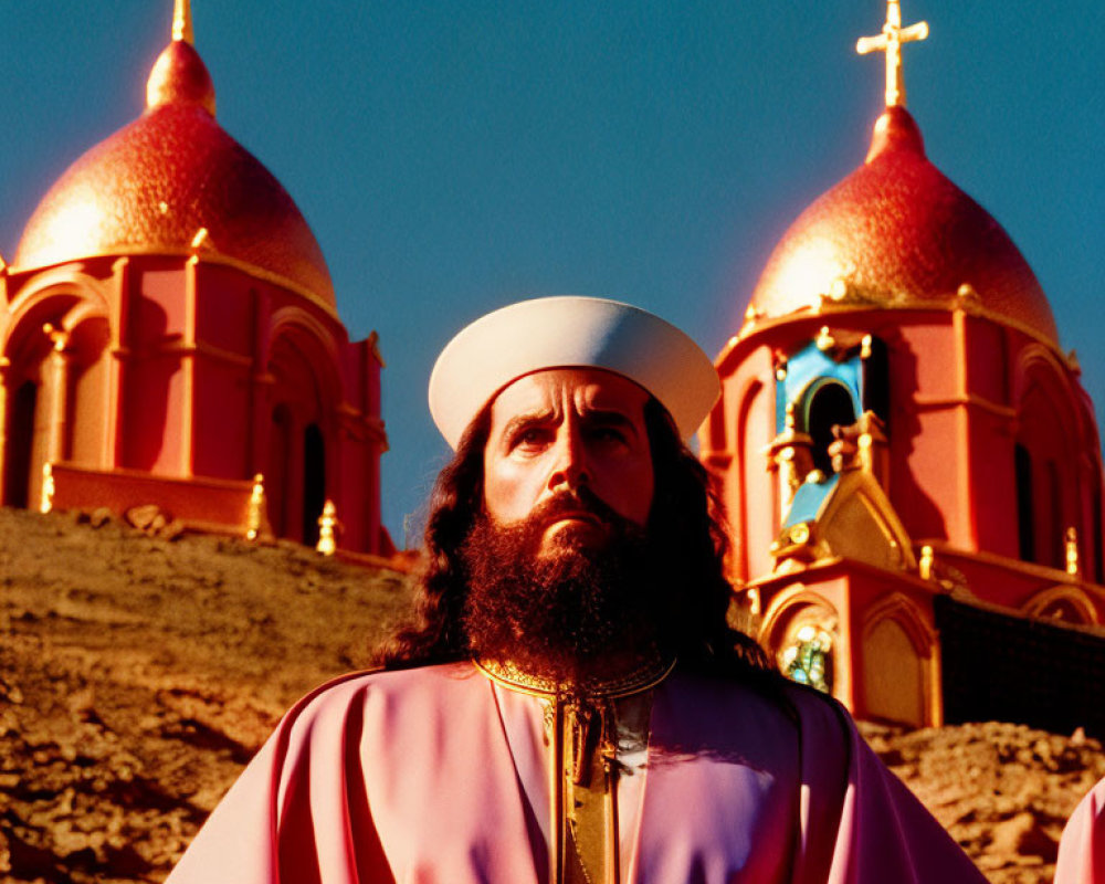 Clerical man in front of church with red domes under clear sky