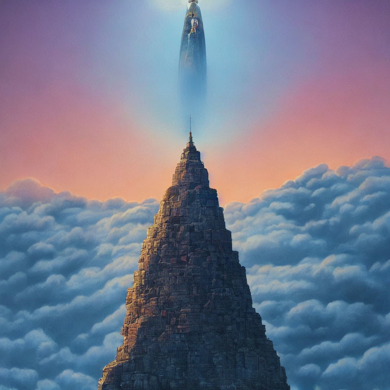 Mystical figure levitating on towering mountain peak