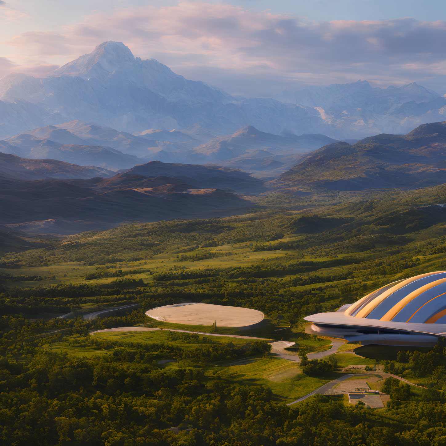 Futuristic dome in lush valley with river & mountains at sunset