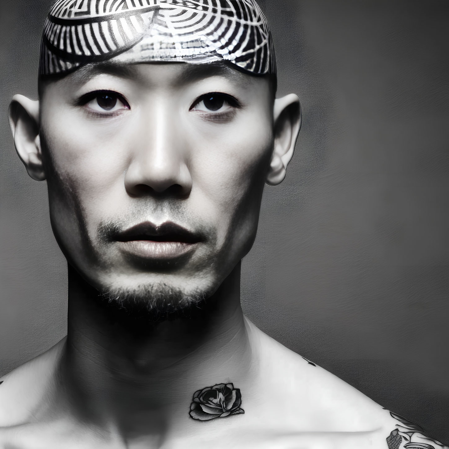 Grayscale portrait of man with headband, goatee, tattoos