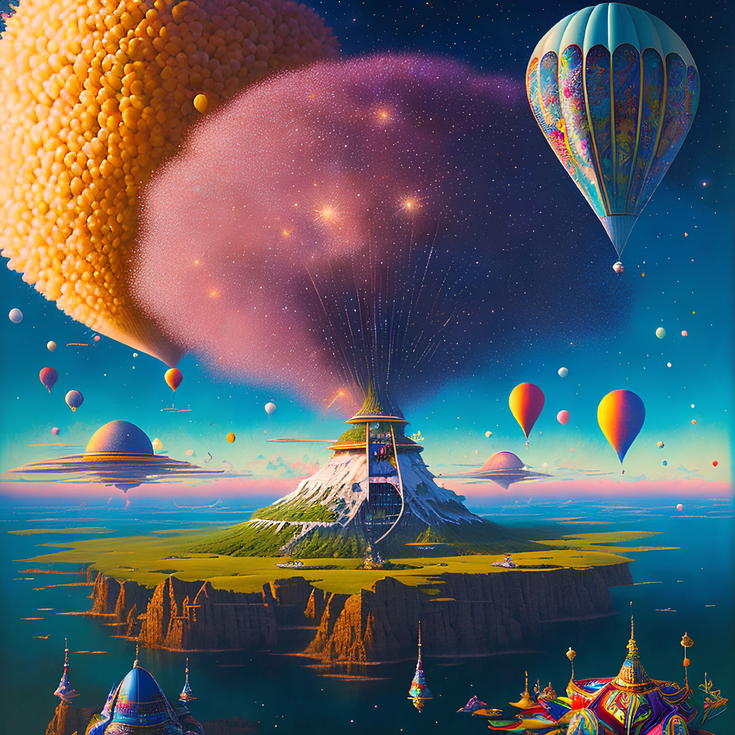 Colorful fantasy landscape with floating island, hot air balloons, and mountain structure.