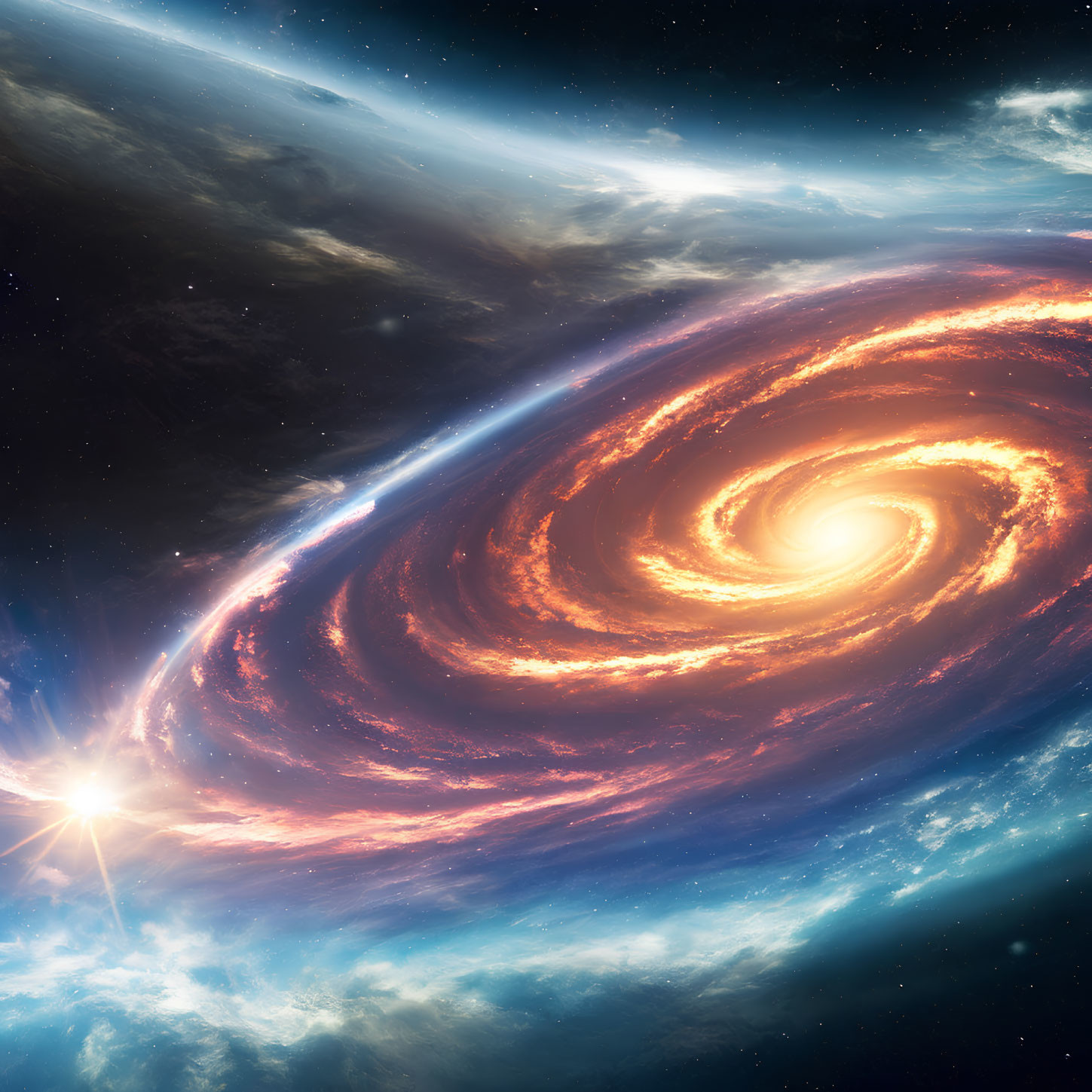Swirling galaxy with bright stars and nebulous clouds