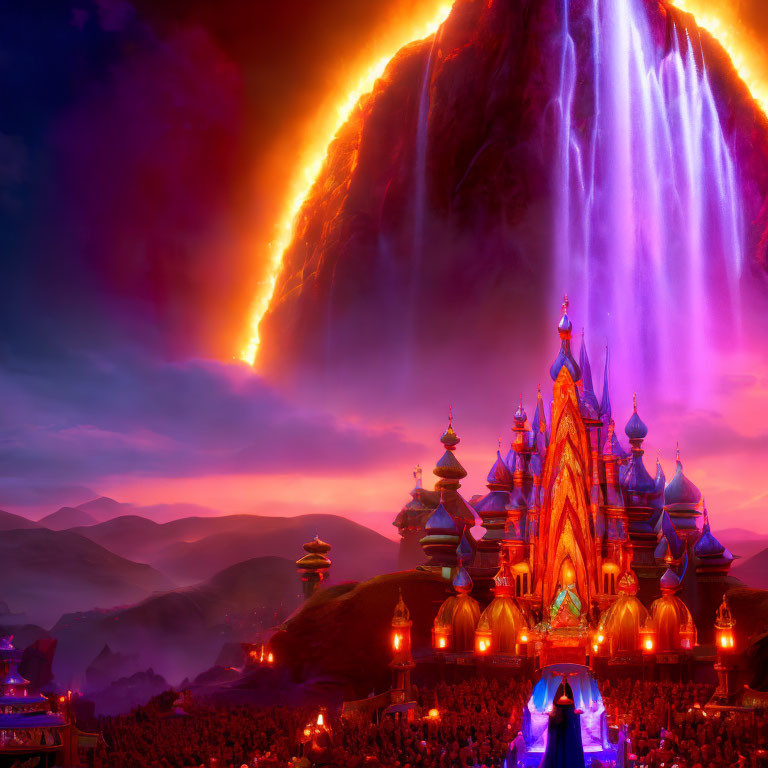 Fantasy castle under erupting golden volcano with magical waterfall