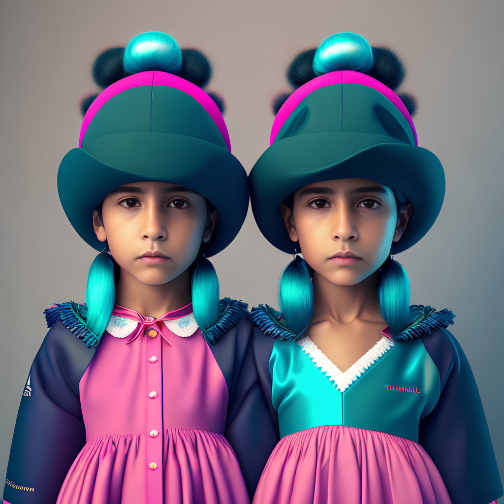 Twin girls in futuristic outfits with blue braids and teal-and-black hats