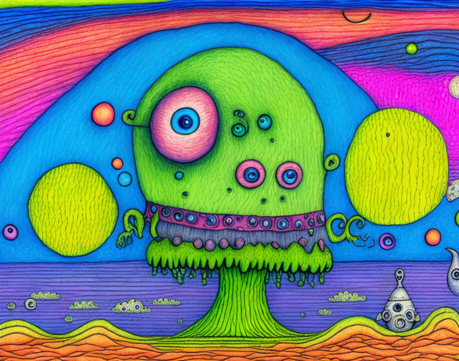 Colorful Psychedelic Illustration of Whimsical Creature with Tree-Like Body and Multiple Eyes