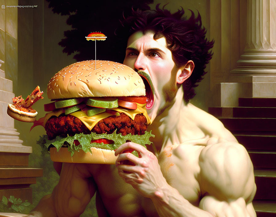 Muscular man cartoon character biting huge floating cheeseburger