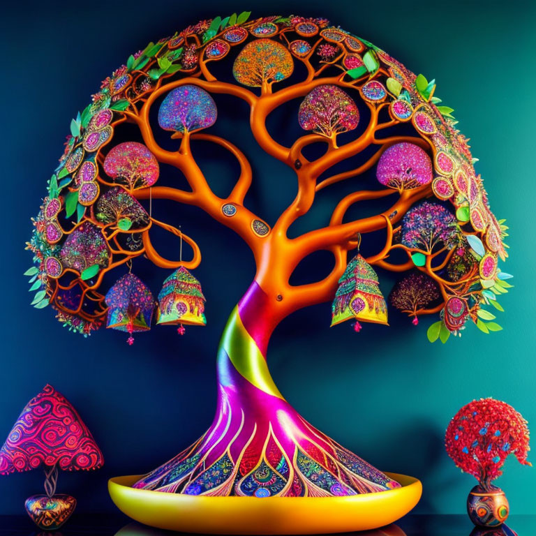 Colorful digital artwork of whimsical tree with intricate patterns and fantastical objects