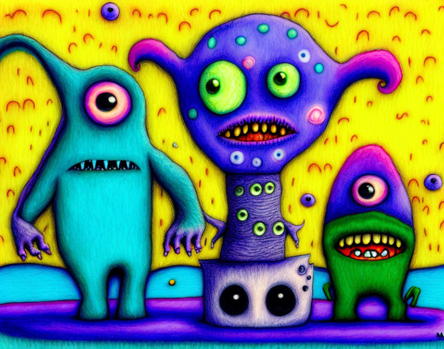 Colorful Whimsical Monsters on Yellow Dotted Background