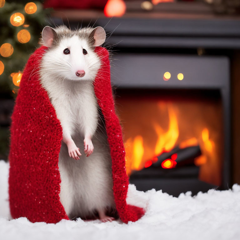 White Rat in Red Scarf by Fireplace and Christmas Decor