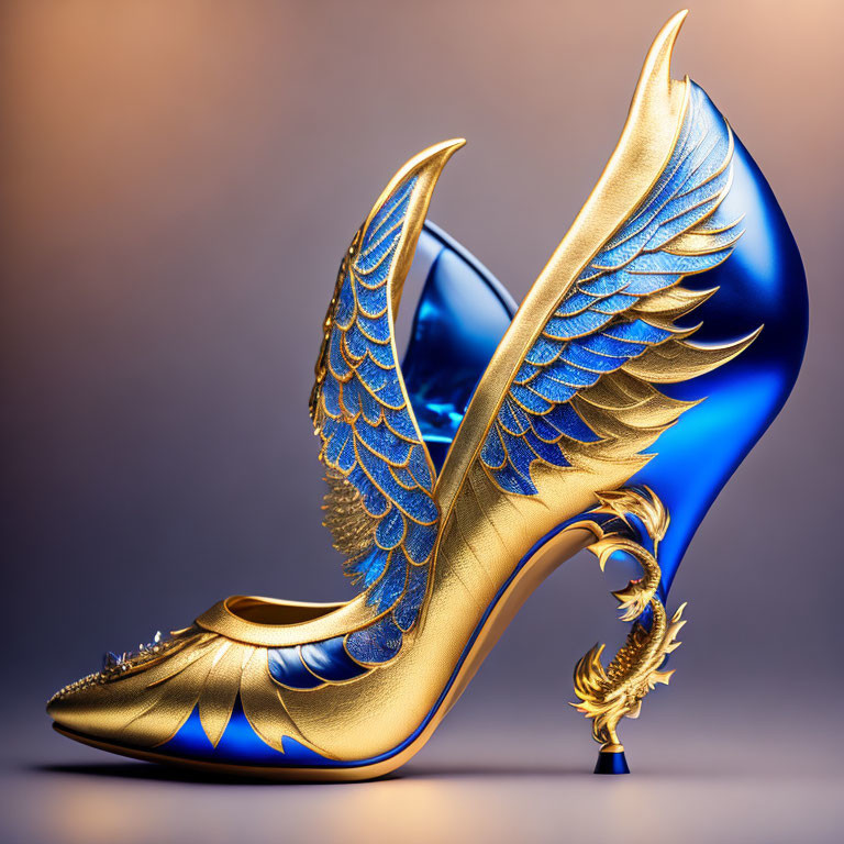 Golden high-heeled shoe with blue wings on amber background