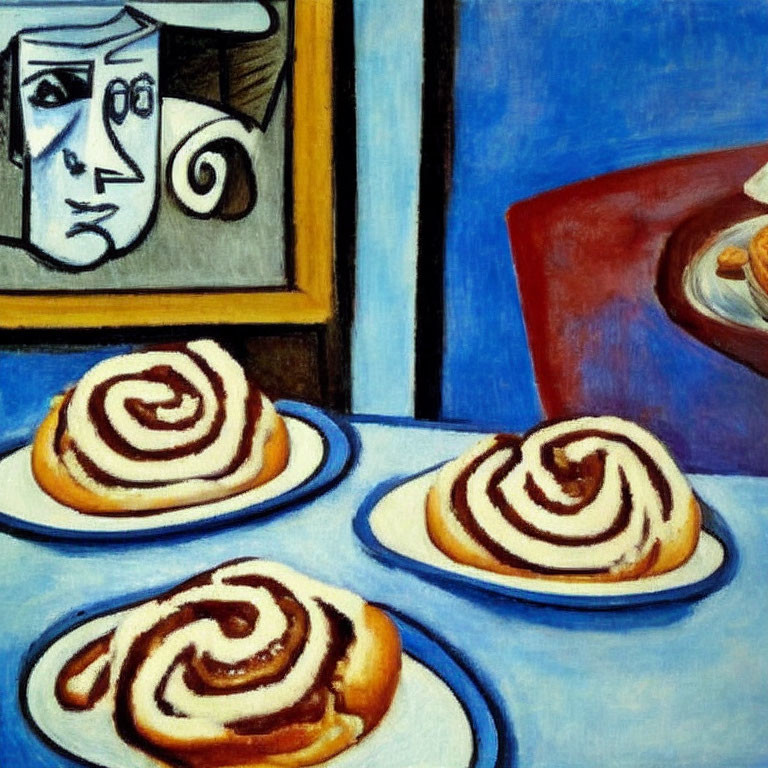 Abstract painting featuring three cinnamon rolls on plates with colorful background and framed face portrait