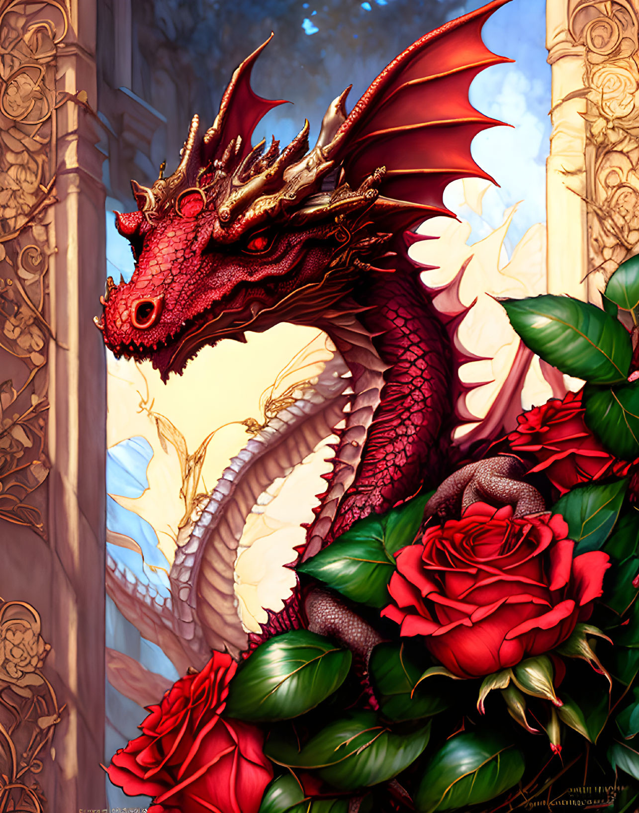 Red Dragon with Golden Horns and Eyes Surrounded by Blooming Roses and Stone Pillars