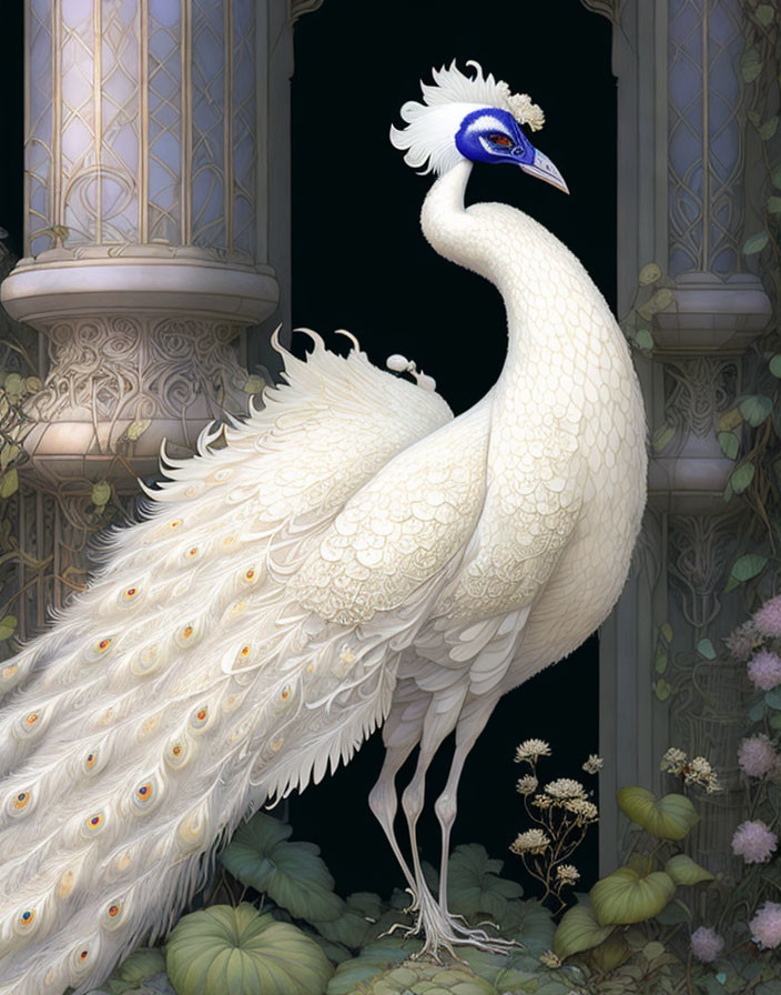Detailed Illustration of Majestic White Peacock on Ornate Backdrop