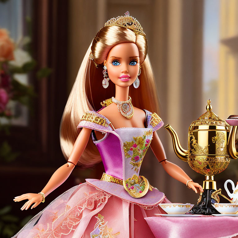 Pink and Purple Princess Barbie Doll in Golden Embellished Dress