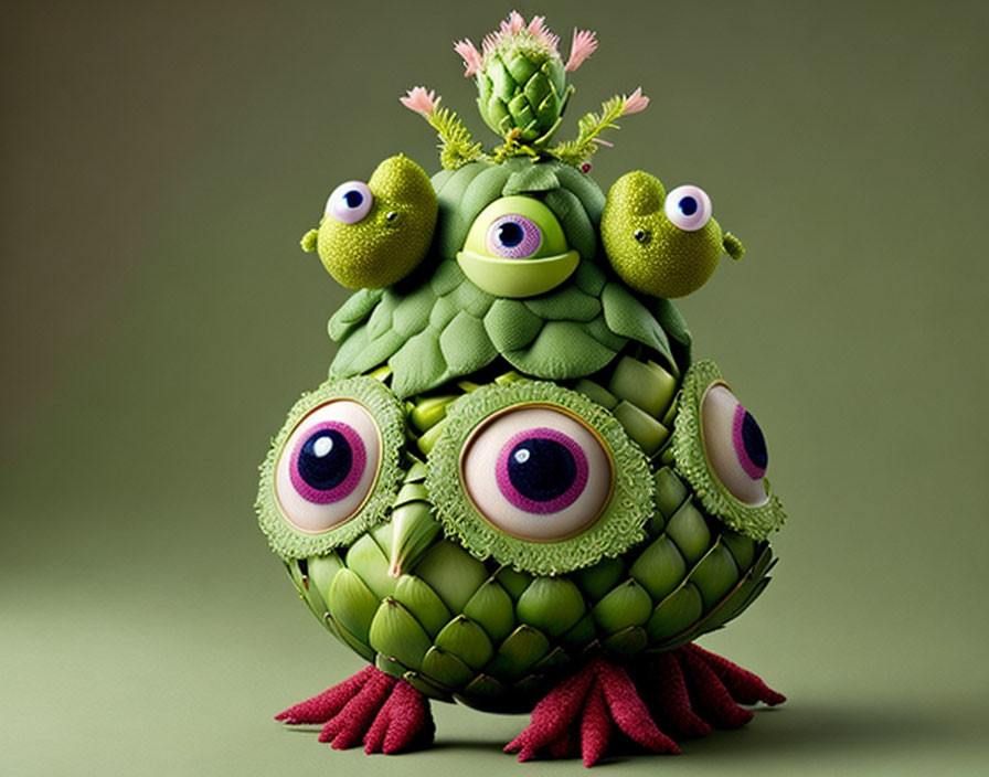 Colorful whimsical creature with multiple googly eyes and artichoke leaf body.