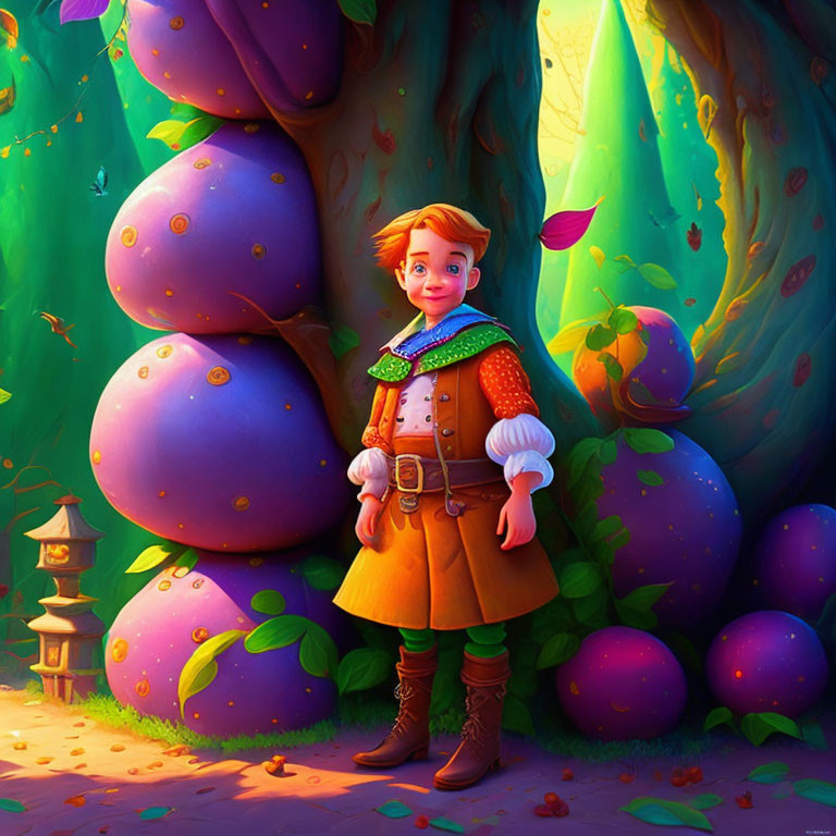 Colorful Medieval Character by Giant Purple Fruit Tree in Fantasy Forest