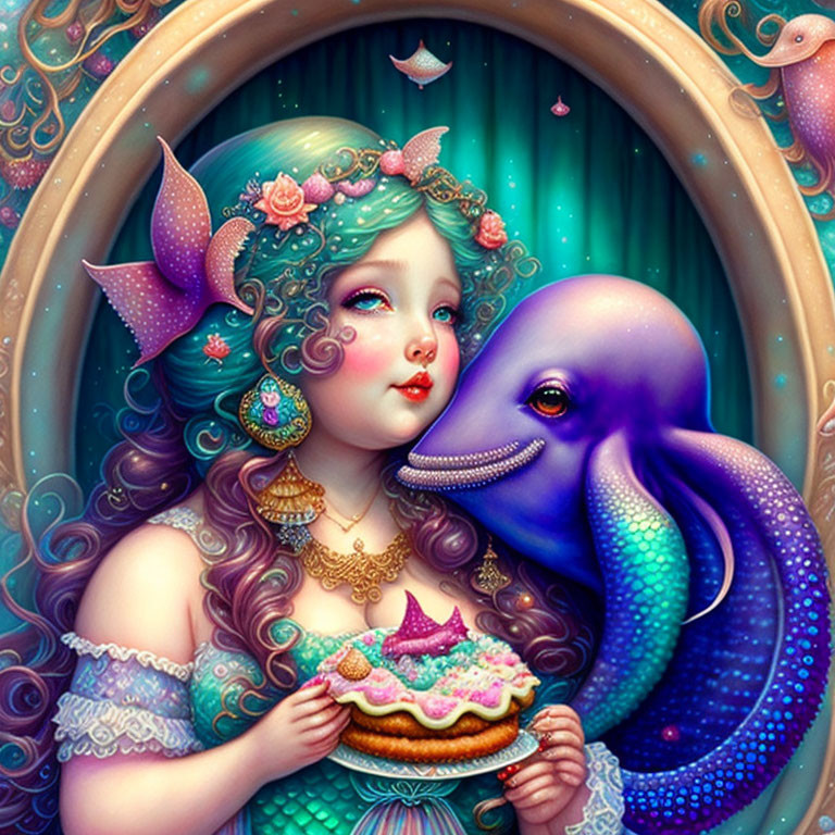 Colorful Illustration: Girl with Aqua Hair and Purple Dolphin in Marine Setting