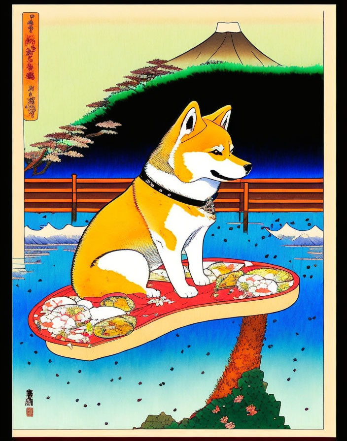 Stylized illustration of Shiba Inu on surfboard with Japanese art elements