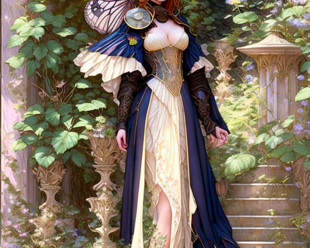Fantasy female fairy figure in elegant dress with wings in lush garden
