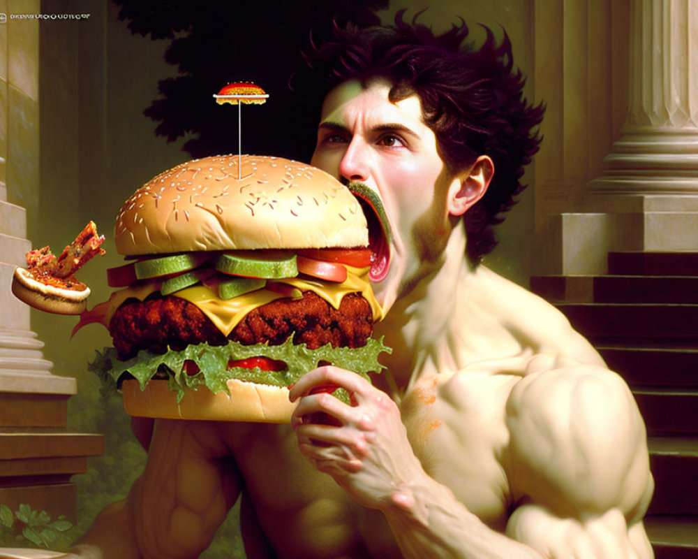 Muscular man cartoon character biting huge floating cheeseburger