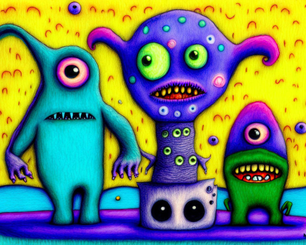 Colorful Whimsical Monsters on Yellow Dotted Background