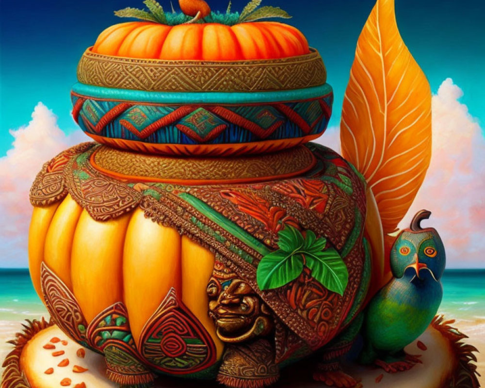Colorful Stylized Pumpkin Stack with Bird and Leaf Motifs on Sky Background