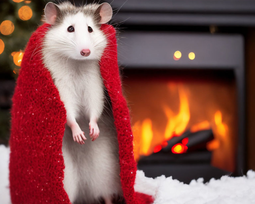 White Rat in Red Scarf by Fireplace and Christmas Decor