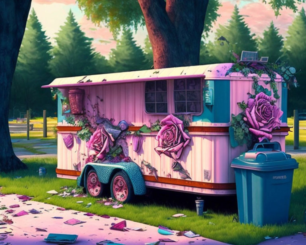 Pink caravan in rose-filled forest with trash bin and litter.