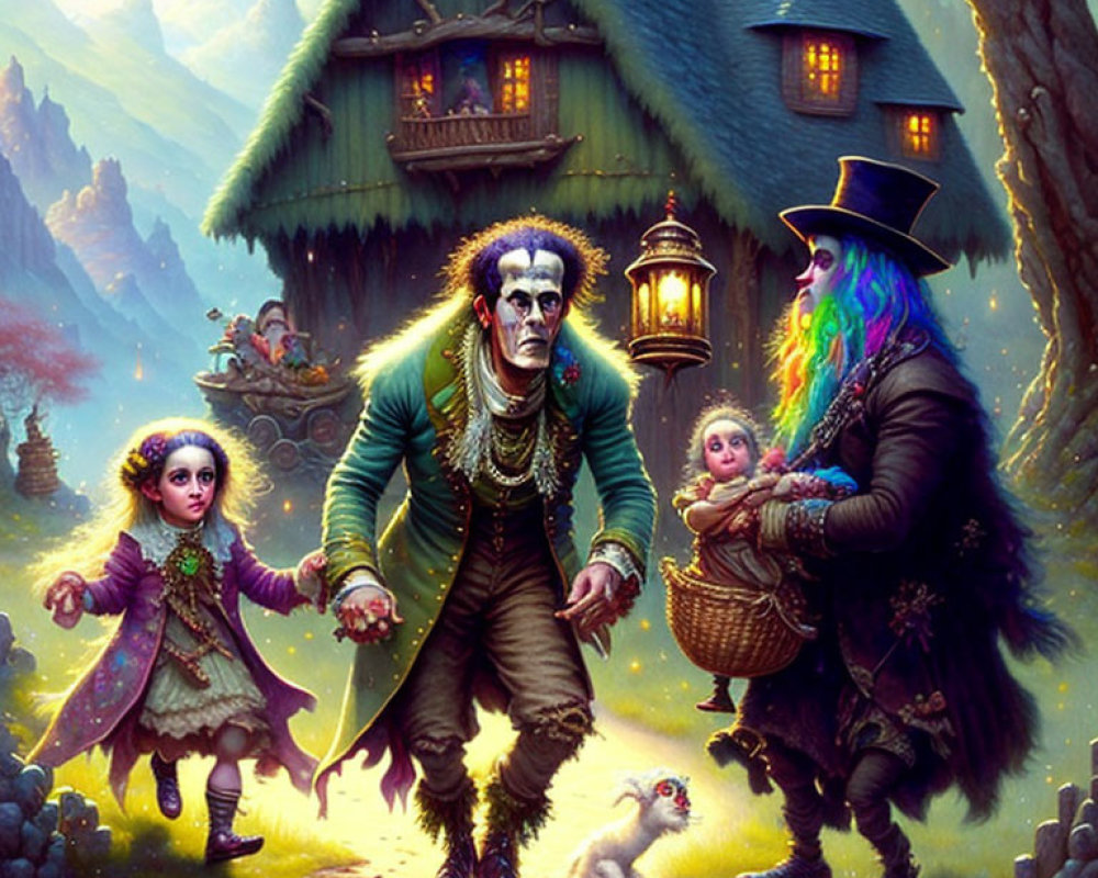 Gothic Victorian zombie family with colorful witch in fantasy illustration