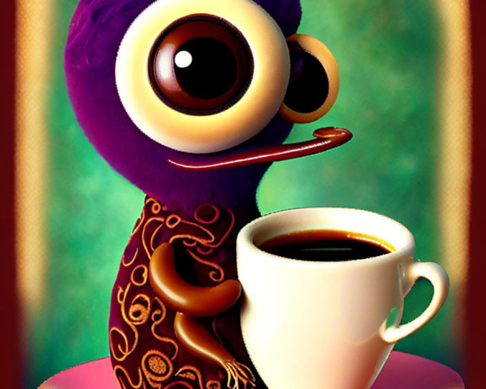 Colorful Cartoon Character with Large Eyes and Purple Feathers Holding Coffee