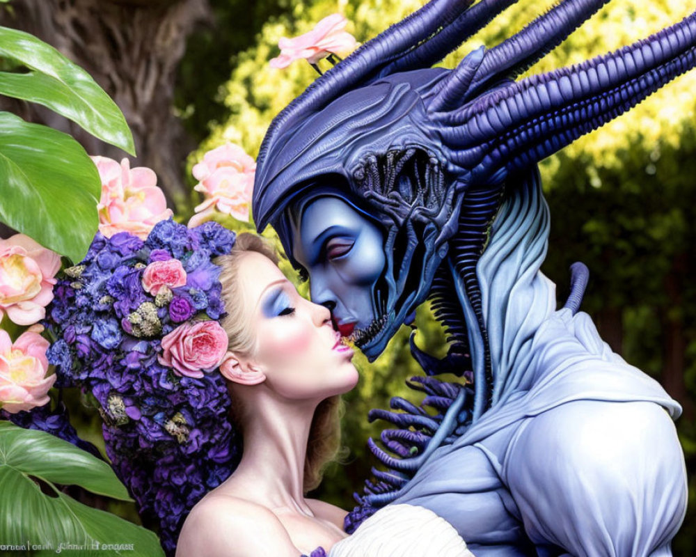 Elaborate Blue Alien Costume Embracing Woman with Floral Headpiece