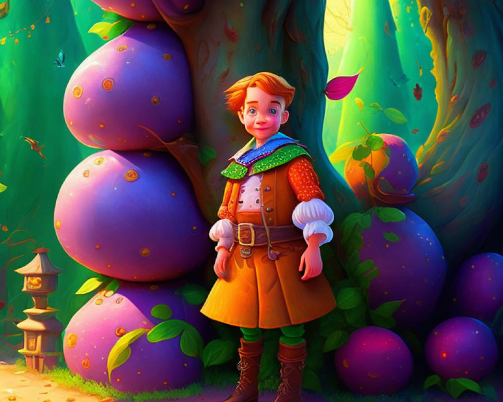 Colorful Medieval Character by Giant Purple Fruit Tree in Fantasy Forest