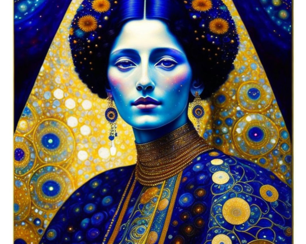 Vibrant digital artwork: Woman with blue skin and gold patterns in cosmic setting