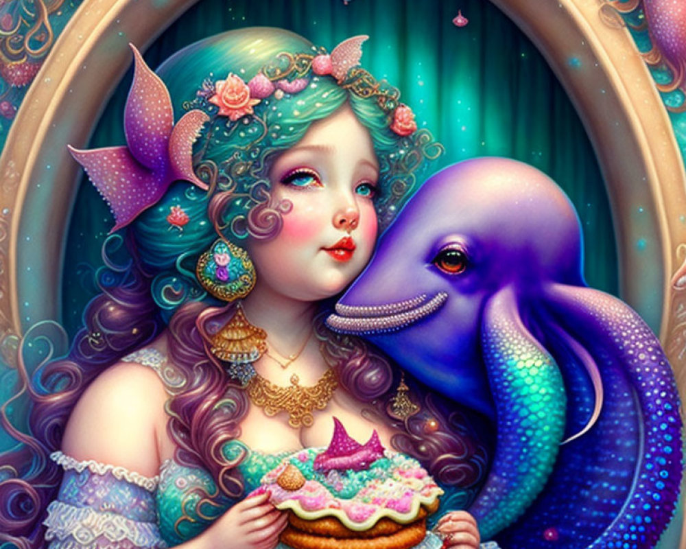 Colorful Illustration: Girl with Aqua Hair and Purple Dolphin in Marine Setting