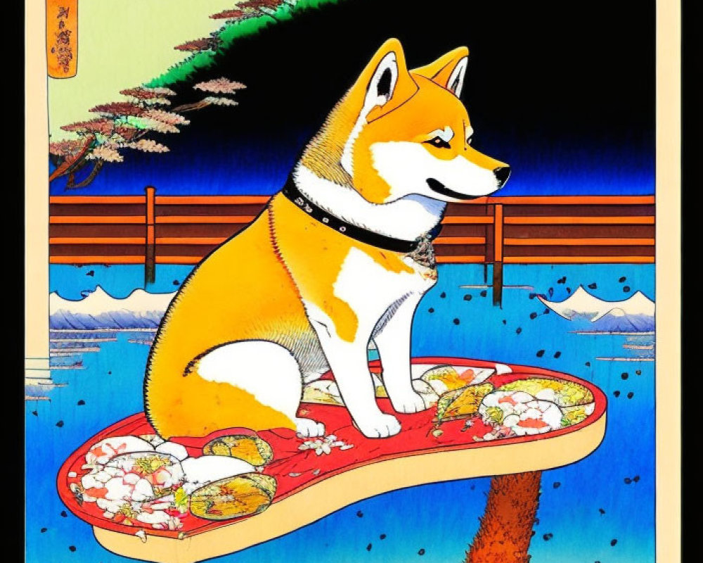 Stylized illustration of Shiba Inu on surfboard with Japanese art elements