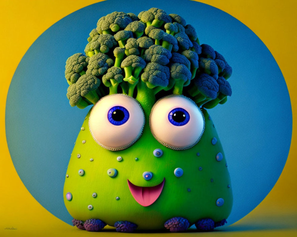 Animated character with broccoli head and green body on yellow background